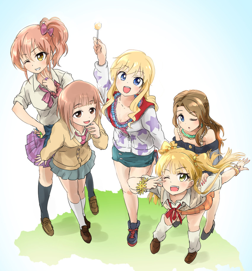 jougasaki mika, jougasaki rika, ohtsuki yui, kitami yuzu, and kishibe ayaka (idolmaster and 1 more) drawn by suzuki_hinoto