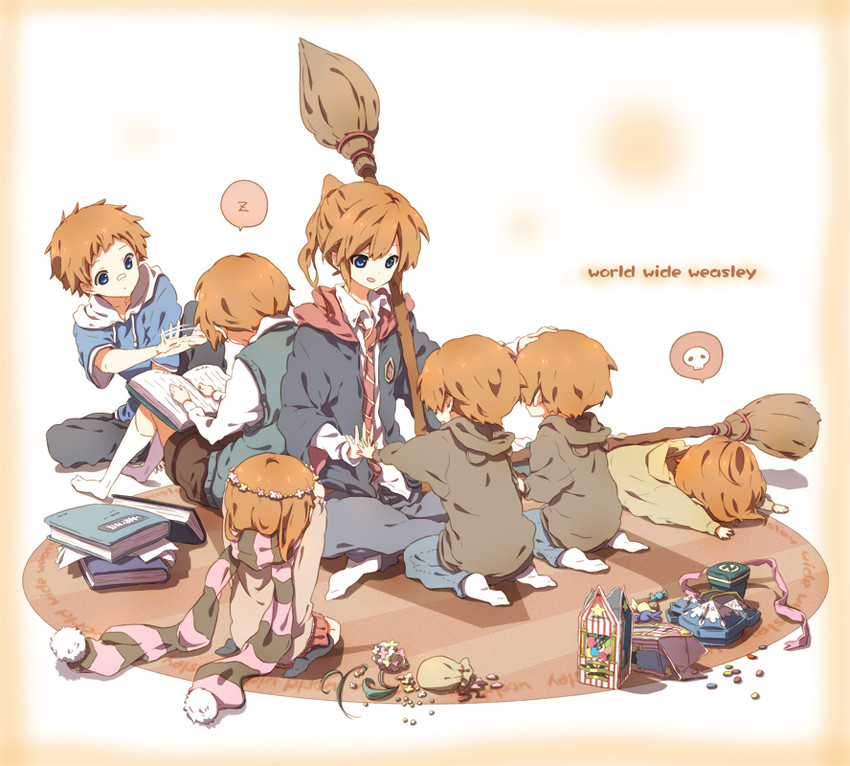 ron weasley, ginny weasley, fred weasley, george weasley, charlie weasley, and 2 more (wizarding world and 1 more) drawn by kapirusu