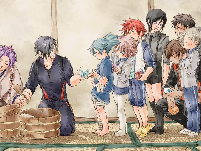 yagen toushirou, shokudaikiri mitsutada, gokotai, sayo samonji, doudanuki masakuni, and 4 more (touken ranbu) drawn by robinson