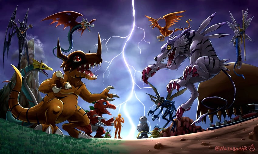 greymon, angemon, numemon, garurumon, birdramon, and 7 more (digimon) drawn by watagashikn