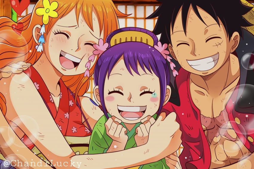 nami, monkey d. luffy, and kurozumi tama (one piece) drawn by chandllucky