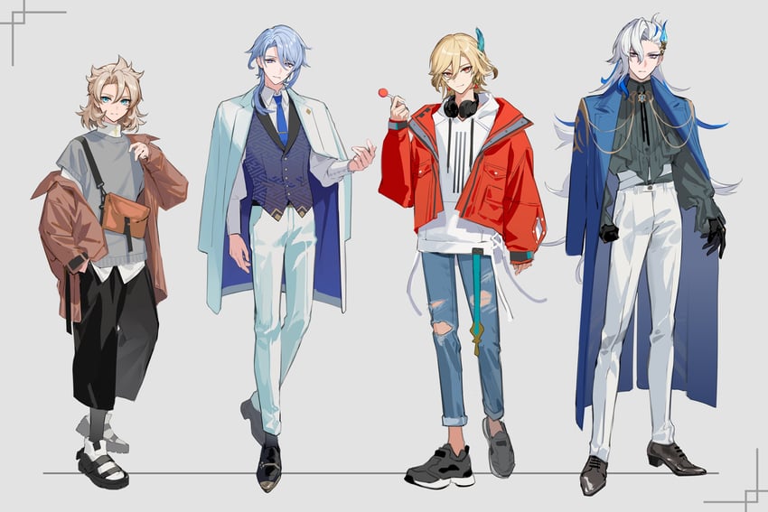 neuvillette, albedo, kaveh, and kamisato ayato (genshin impact) drawn by lowro_(en)