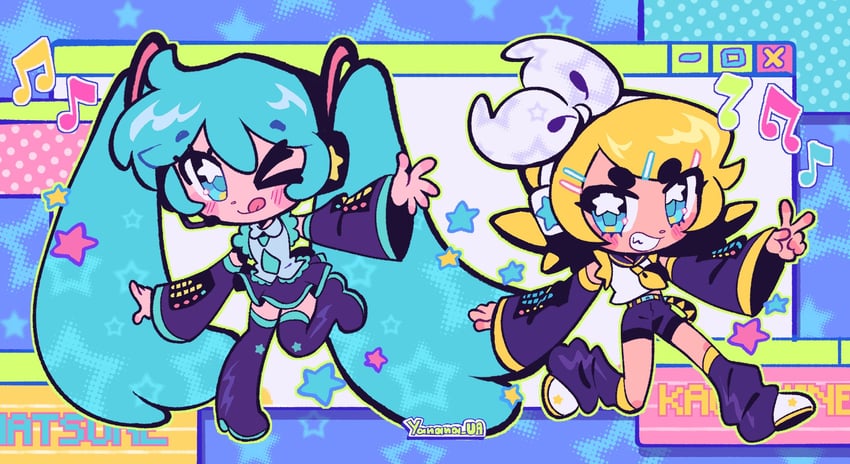 hatsune miku and kagamine rin (vocaloid) drawn by yanana_ua
