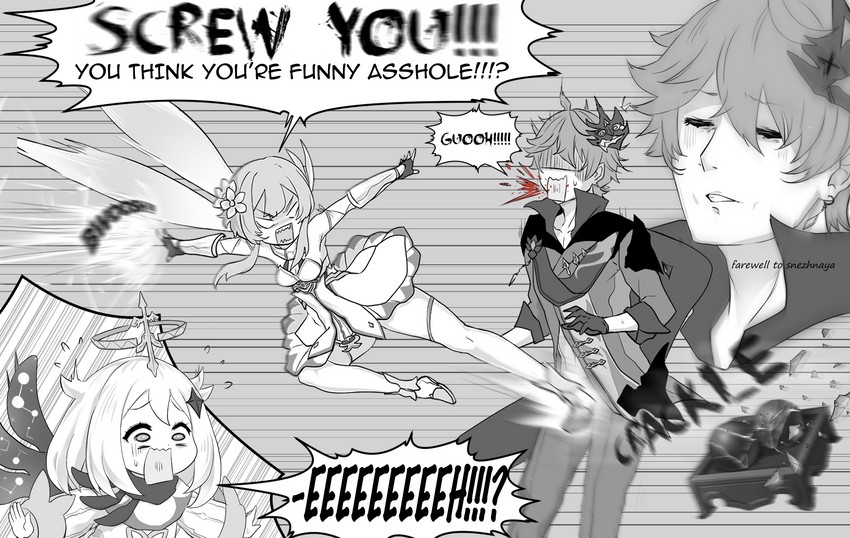 lumine, paimon, and tartaglia (genshin impact) drawn by alph_(sancheck)