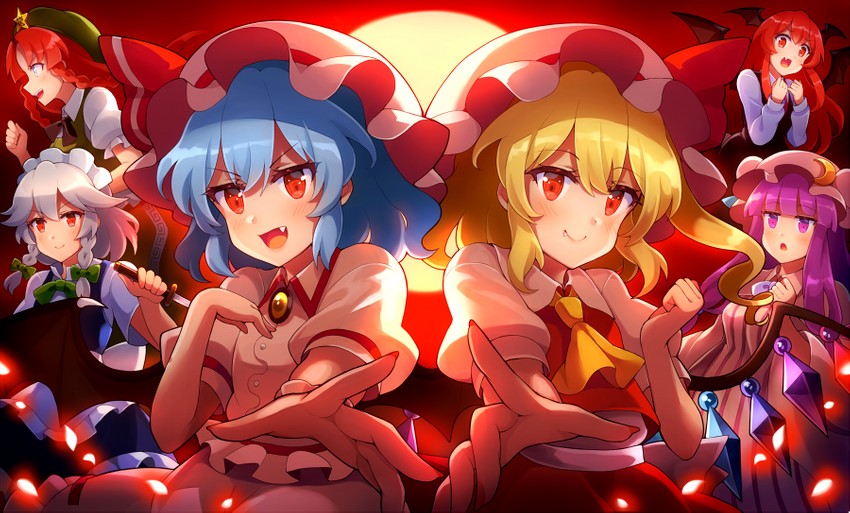 remilia scarlet, flandre scarlet, izayoi sakuya, patchouli knowledge, hong meiling, and 1 more (touhou) drawn by 60mai