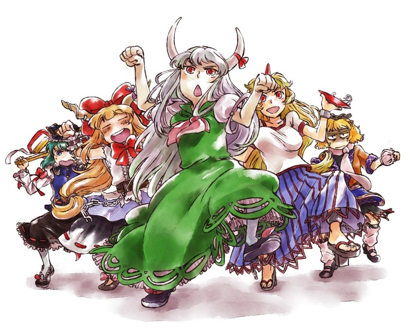 kamishirasawa keine, ibuki suika, mizuhashi parsee, hoshiguma yuugi, shiki eiki, and 1 more (touhou and 1 more) drawn by yukataro
