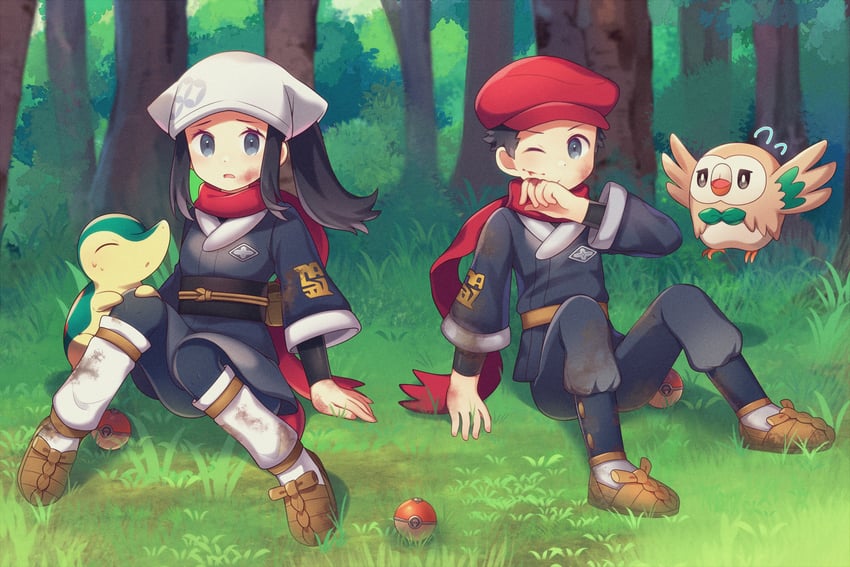 akari, rowlet, cyndaquil, and rei (pokemon and 1 more) drawn by 0mzum1