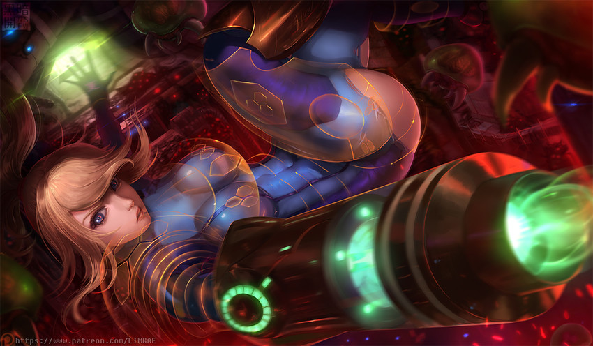 samus aran, metroid, and metroid larva (metroid) drawn by limgae