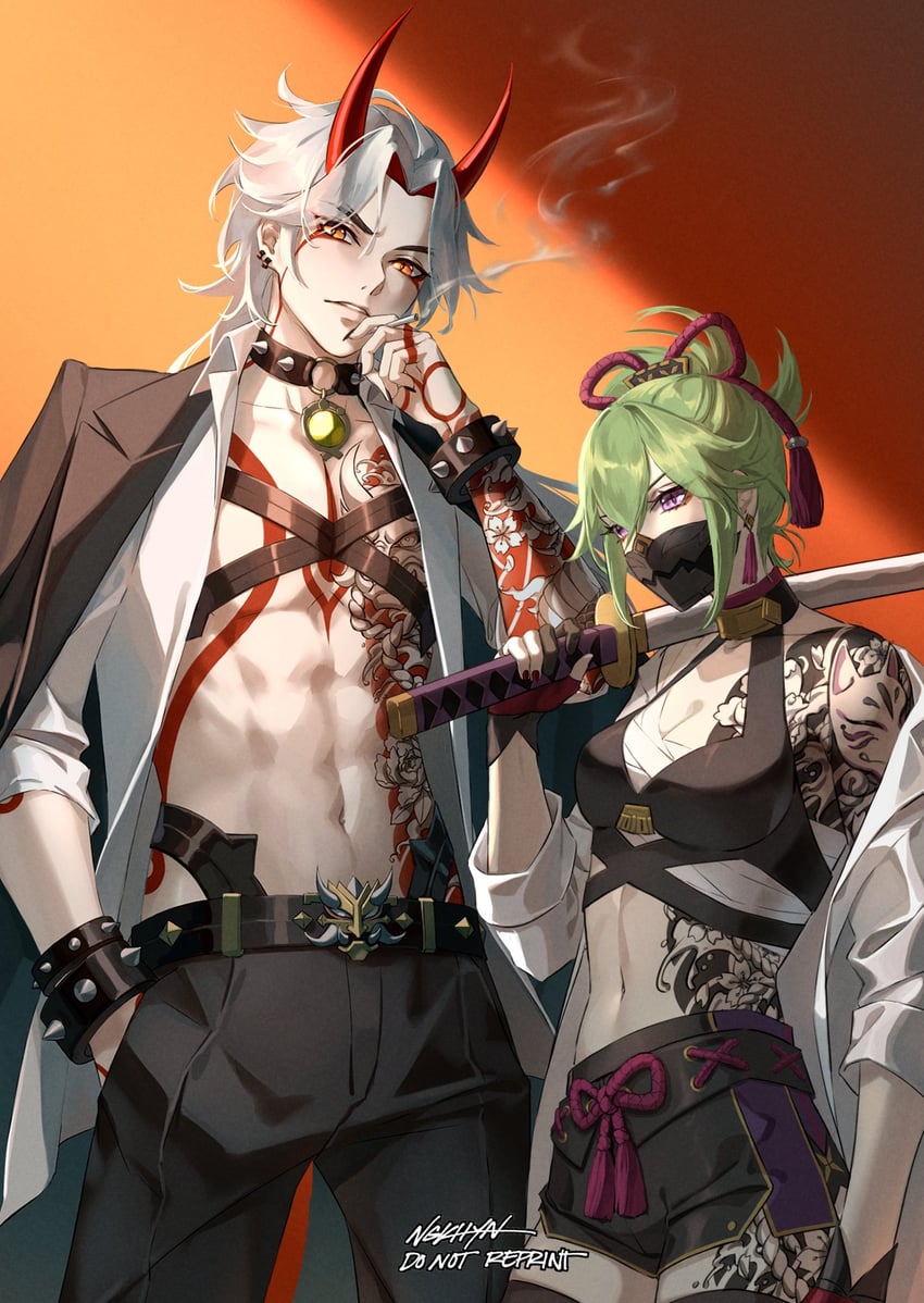 kuki shinobu and arataki itto (genshin impact) drawn by ngkhyn