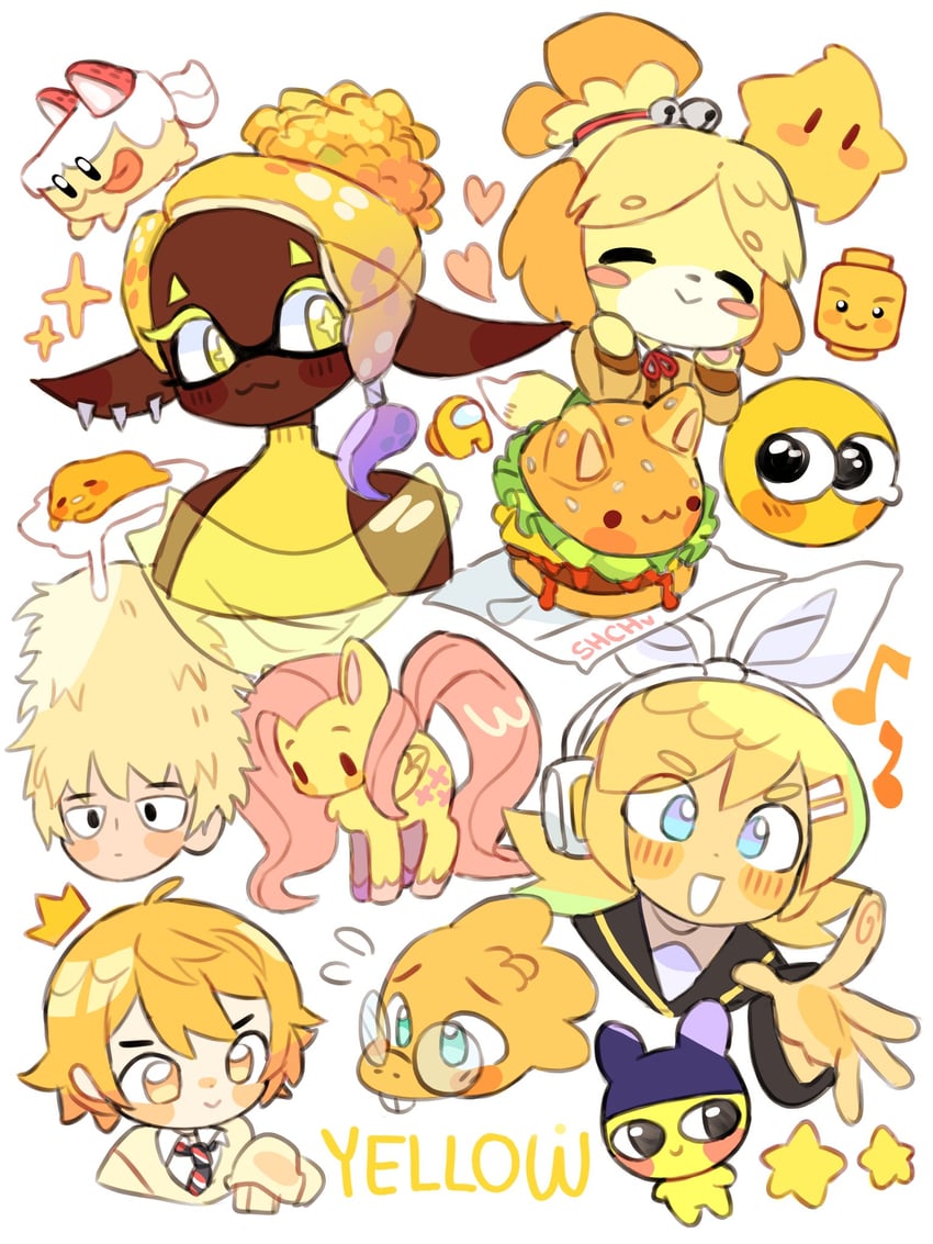 kagamine rin, tenma tsukasa, isabelle, luma, frye, and 8 more (vocaloid and 15 more) drawn by sharpycharot