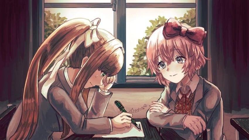 monika and sayori (doki doki literature club) drawn by sabania_404