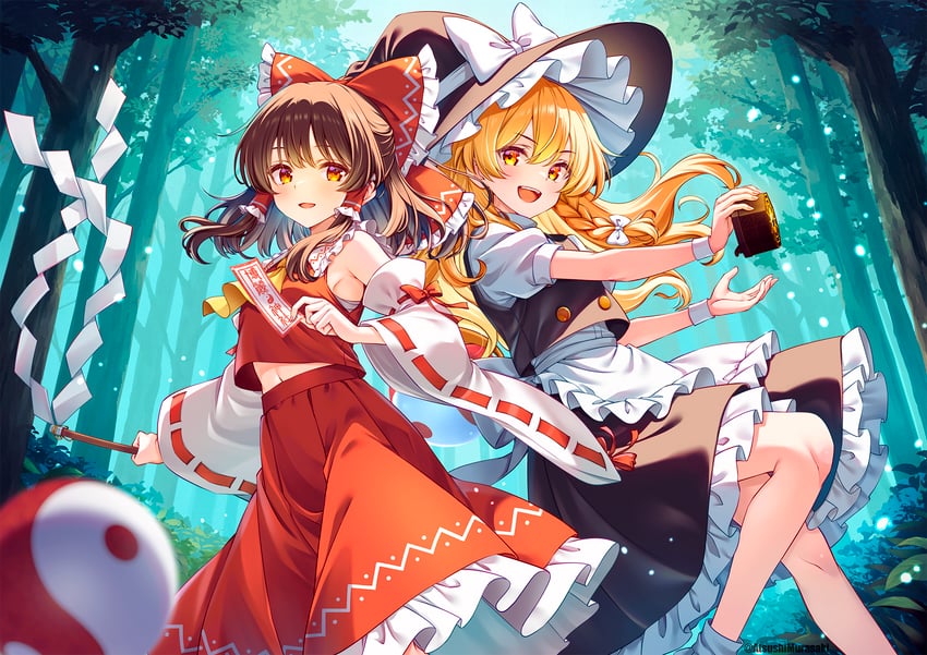 hakurei reimu and kirisame marisa (touhou) drawn by murasaki_atsushi