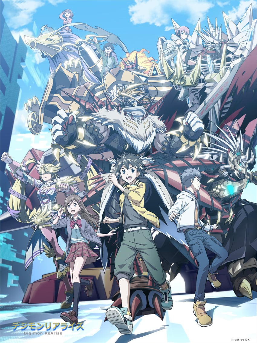 jesmon, gaioumon, lovelyangemon, heavyleomon, kohinata mayu, and 7 more (digimon and 1 more) drawn by dk_(13855103534)