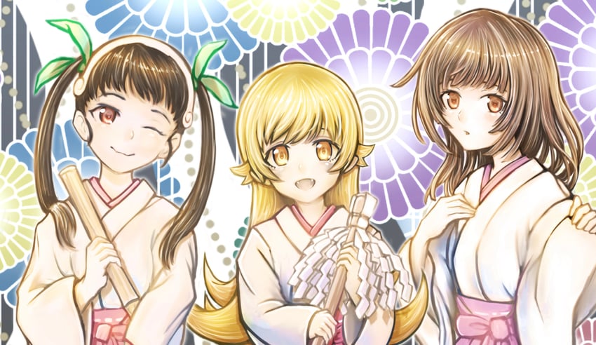 oshino shinobu, sengoku nadeko, and hachikuji mayoi (monogatari) drawn by tsukihi_shida