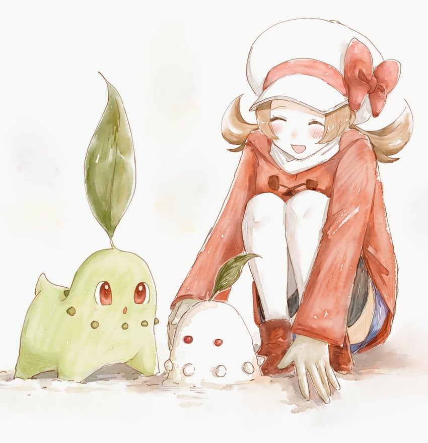lyra and chikorita (pokemon and 1 more) drawn by asuka_rkgk