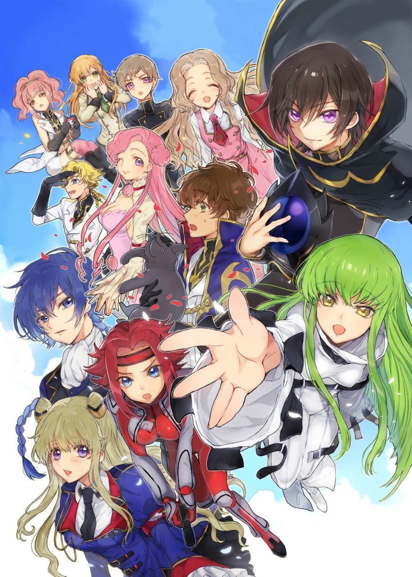 c.c., lelouch vi britannia, kouzuki kallen, kururugi suzaku, nunnally vi britannia, and 8 more (code geass and 1 more) drawn by sumi_otto