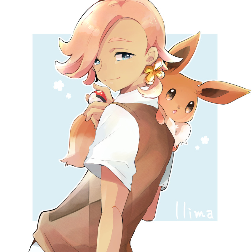 eevee and ilima (pokemon and 1 more) drawn by misha_(ohds101)