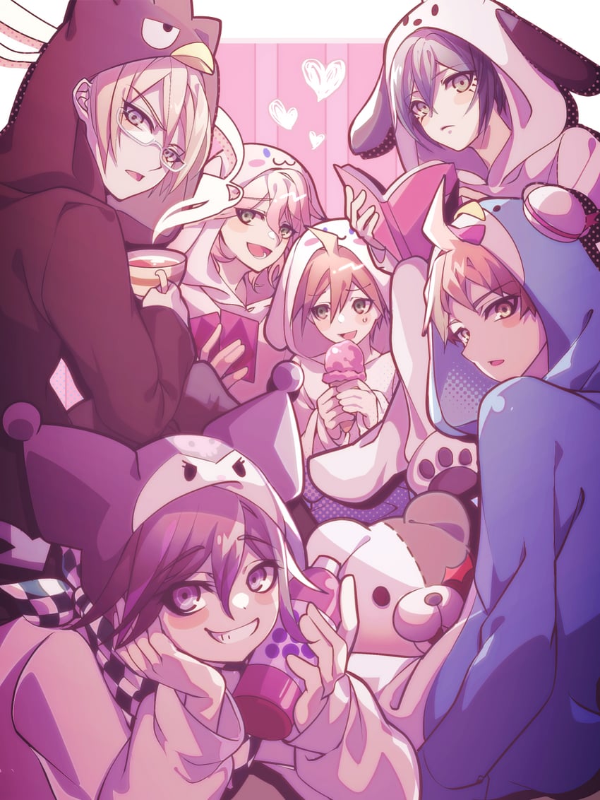 oma kokichi, saihara shuichi, komaeda nagito, hinata hajime, monokuma, and 7 more (danganronpa and 6 more) drawn by nota_sayaka