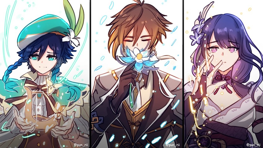 raiden shogun, zhongli, and venti (genshin impact) drawn by pun-rii