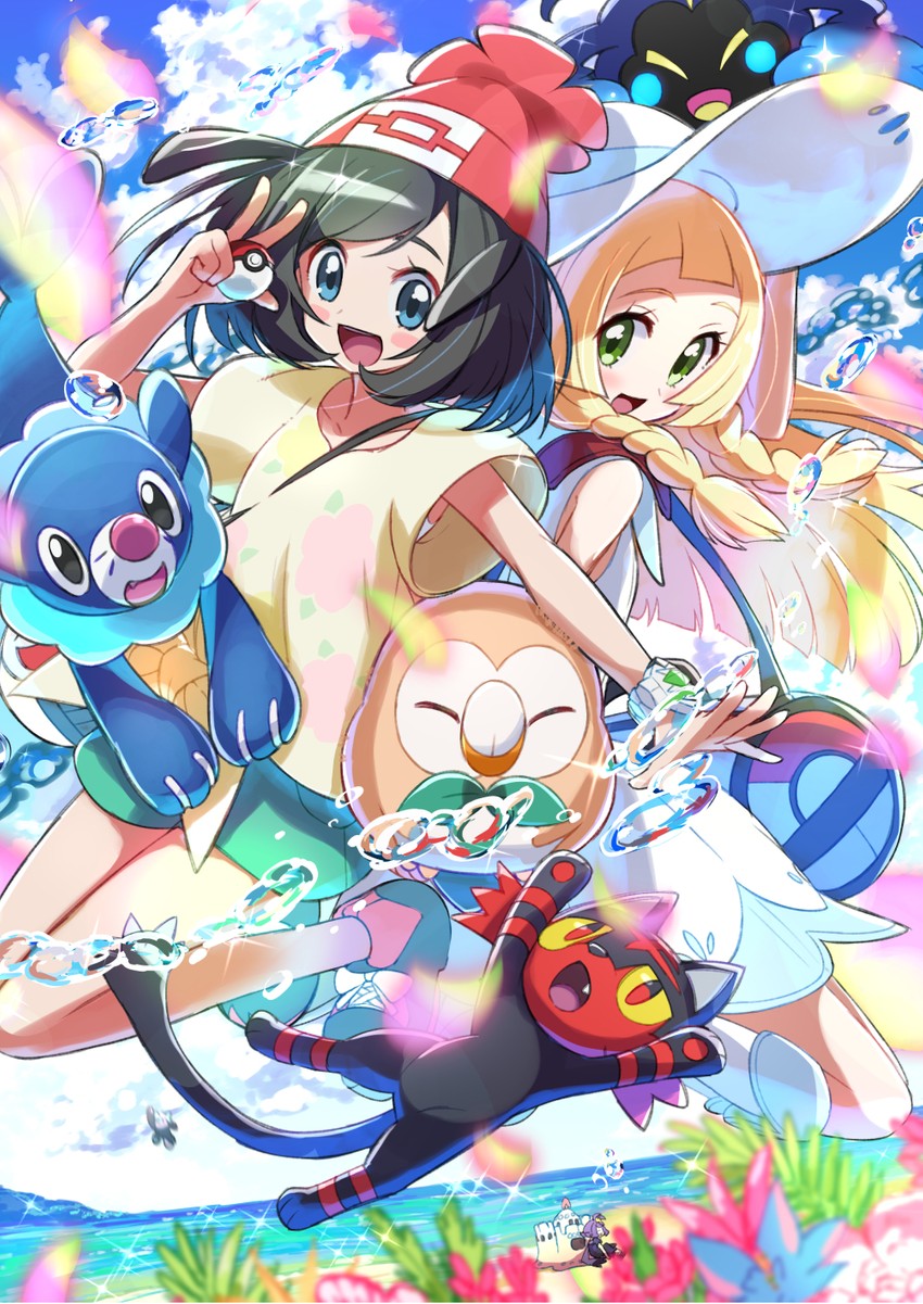 lillie, selene, rowlet, popplio, acerola, and 4 more (pokemon and 1 more) drawn by kingin