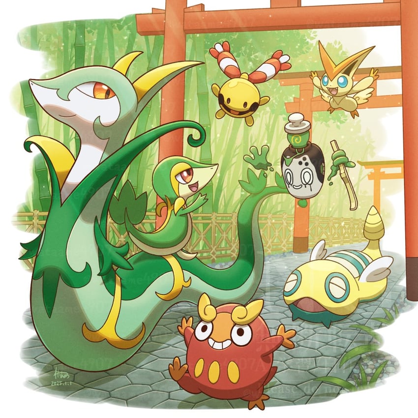 snivy, serperior, victini, darumaka, dunsparce, and 2 more (pokemon) drawn by wataame4907