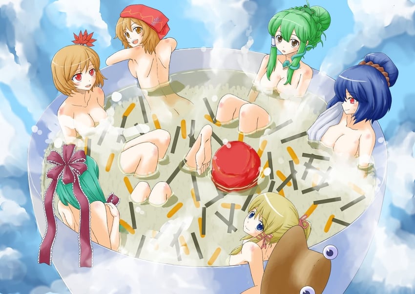 kochiya sanae, moriya suwako, yasaka kanako, kagiyama hina, aki minoriko, and 1 more (touhou) drawn by jack_(wkm74959)
