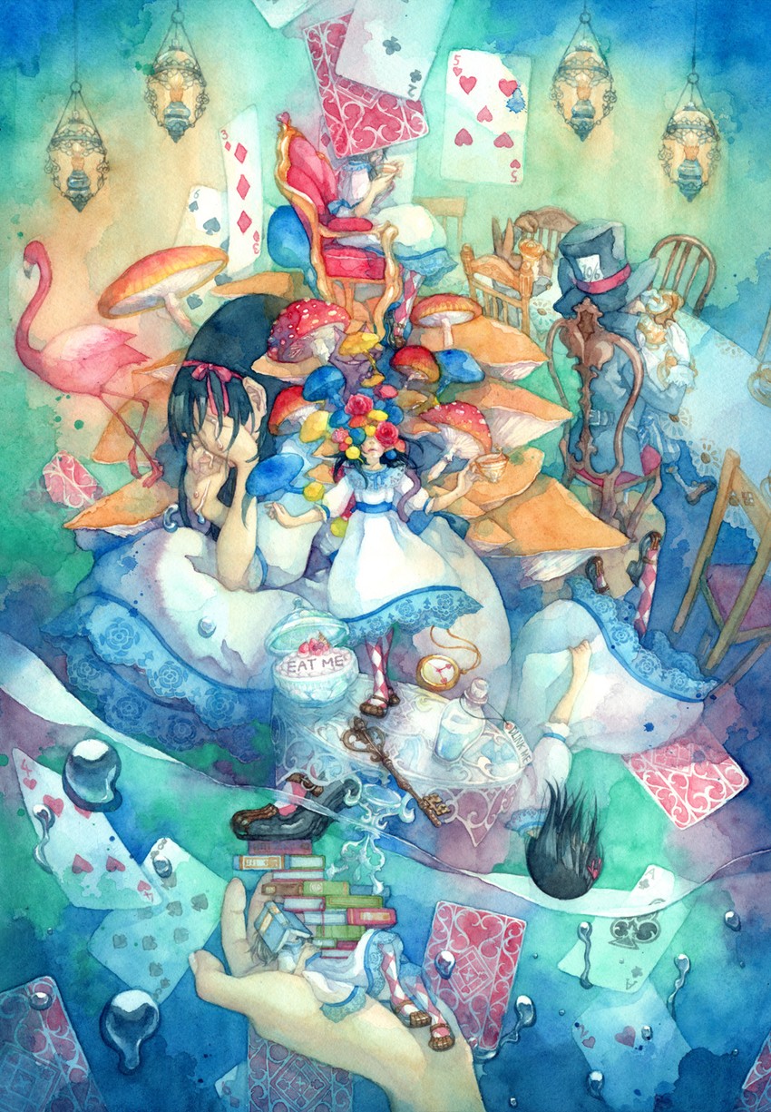 alice, cheshire cat, mad hatter, and march hare (alice's adventures in wonderland) drawn by shuka_(taupe)