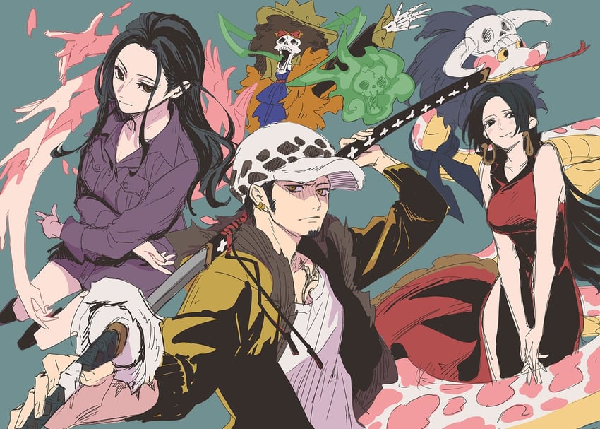nico robin, trafalgar law, boa hancock, brook, and salome (one piece) drawn by isshoku_(shiki)