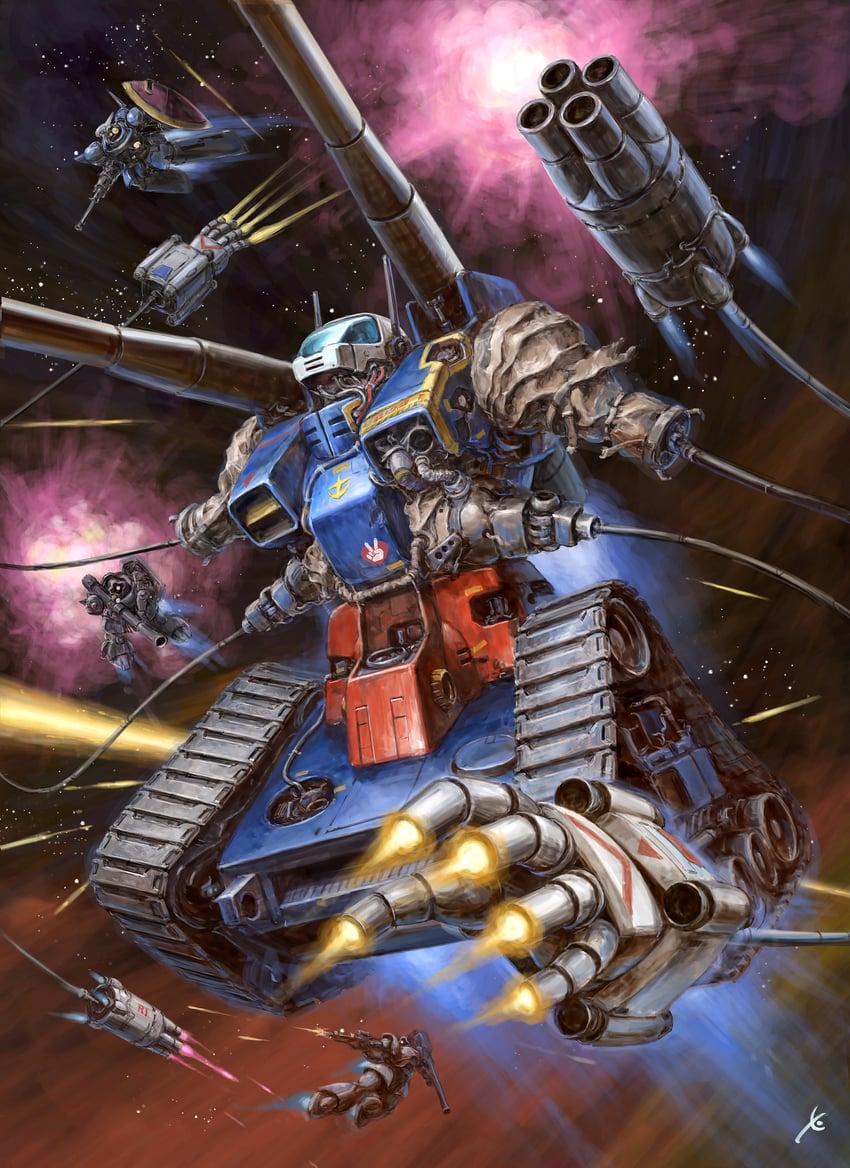 guntank, rick dom, and dra-c (original and 3 more) drawn by youkoumori