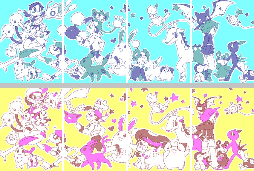 ethan, umbreon, lyra, silver, espeon, and 30 more (pokemon and 2 more) drawn by biri-botan
