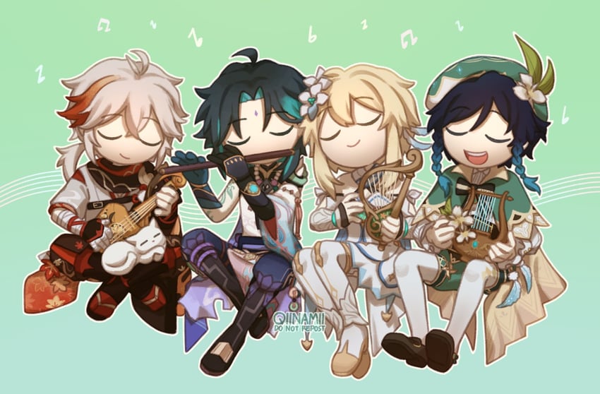 lumine, venti, xiao, and kaedehara kazuha (genshin impact) drawn by qiinamii