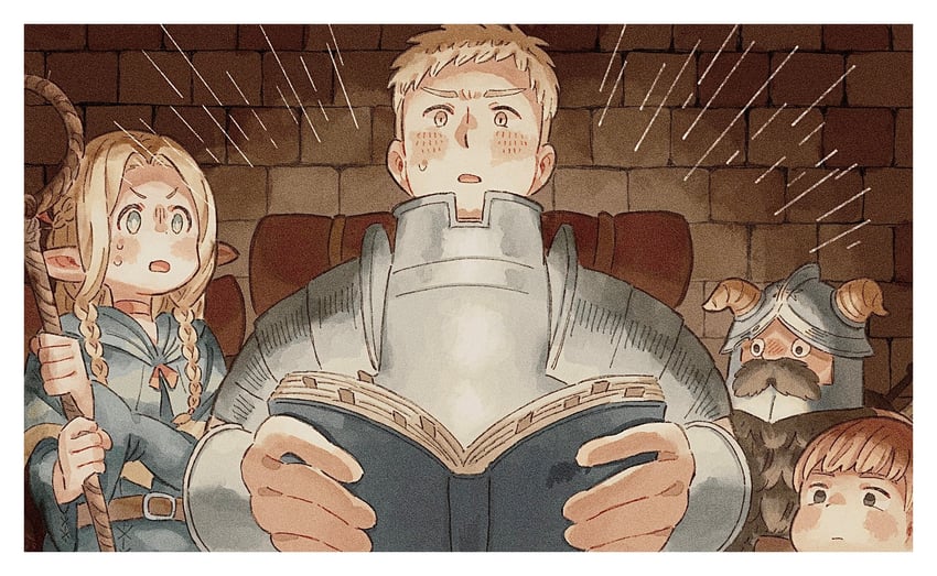 marcille donato, laios touden, senshi, and chilchuck tims (dungeon meshi) drawn by moku_(itmne26)