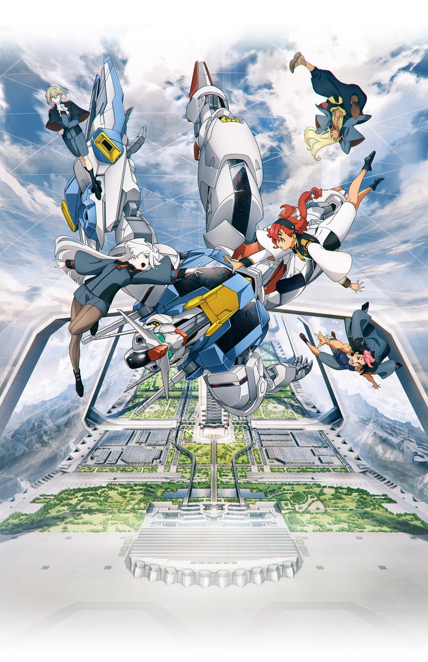 suletta mercury, miorine rembran, guel jeturk, elan ceres, gundam aerial, and 1 more (gundam and 1 more) drawn by kusumegi_shin'ya