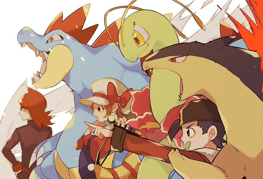 ethan, lyra, silver, typhlosion, feraligatr, and 1 more (pokemon and 1 more) drawn by mamebato