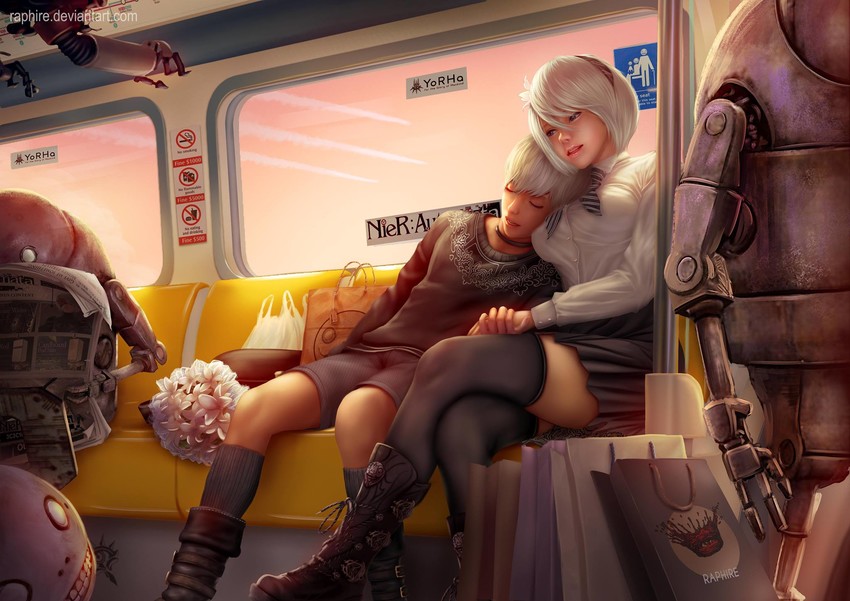 2b, 9s, emil, and machine (nier and 1 more) drawn by raphire