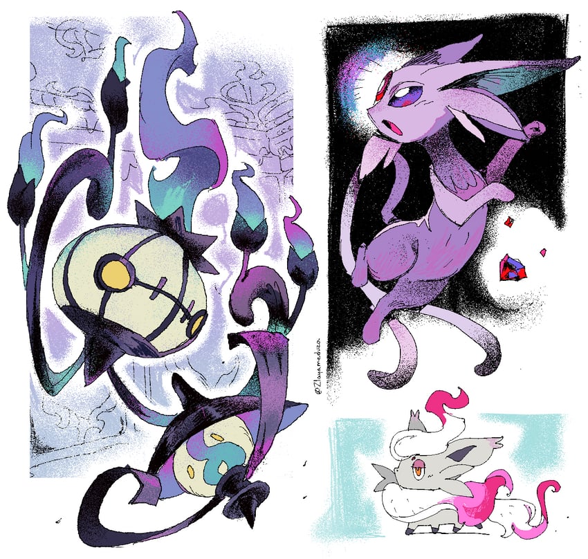 espeon, chandelure, hisuian zorua, and lampent (pokemon) drawn by zlayameduza