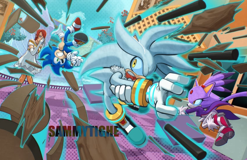 sonic the hedgehog, blaze the cat, silver the hedgehog, and princess elise the third (sonic and 1 more) drawn by sammytighe