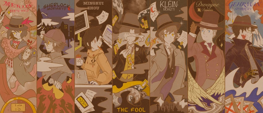 klein moretti, gehrman sparrow, merlin hermes, zhou mingrui, sherlock moriarty, and 3 more (lord of the mysteries) drawn by fourth039