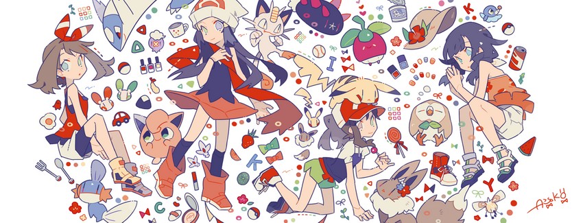 pikachu, dawn, may, eevee, selene, and 14 more (pokemon and 4 more) drawn by auko