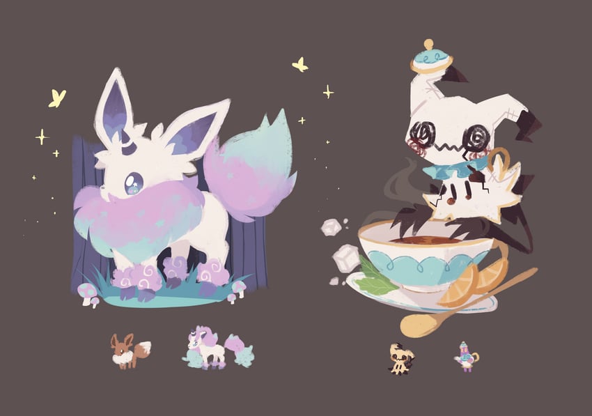 eevee, mimikyu, polteageist, and galarian ponyta (original and 1 more) drawn by charamells