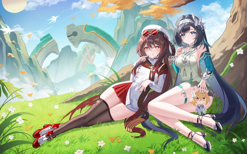 lumine, hu tao, and lan yan (genshin impact) drawn by jndfh
