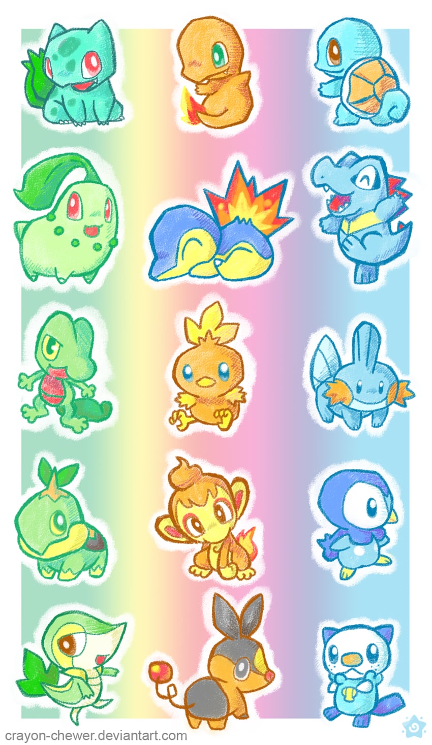 piplup, bulbasaur, oshawott, squirtle, snivy, and 10 more (pokemon) drawn by crayonchewer