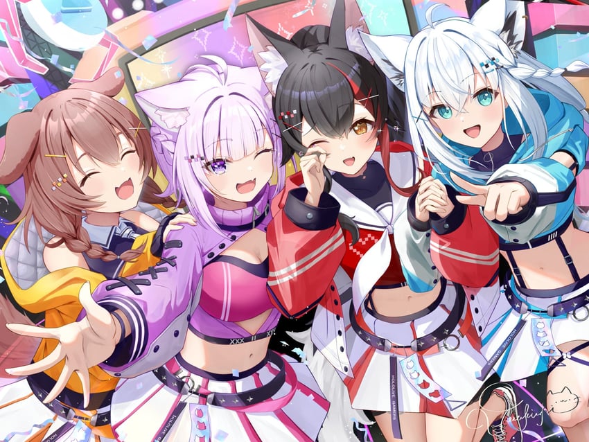shirakami fubuki, nekomata okayu, ookami mio, and inugami korone (hololive) drawn by torakichi_888 and violet_viora
