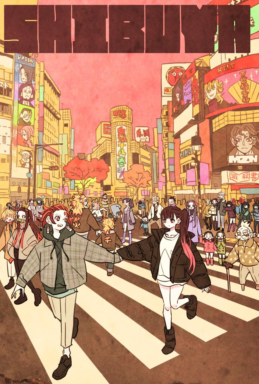 kamado nezuko, kochou shinobu, kanroji mitsuri, kamado tanjirou, rengoku kyoujurou, and 34 more (kimetsu no yaiba) drawn by takeuchi_ryousuke