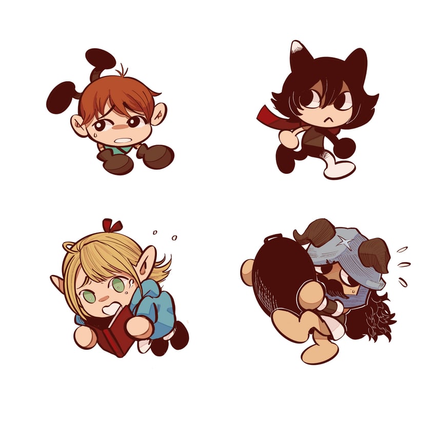marcille donato, senshi, chilchuck tims, and izutsumi (dungeon meshi) drawn by rrrhakshasa