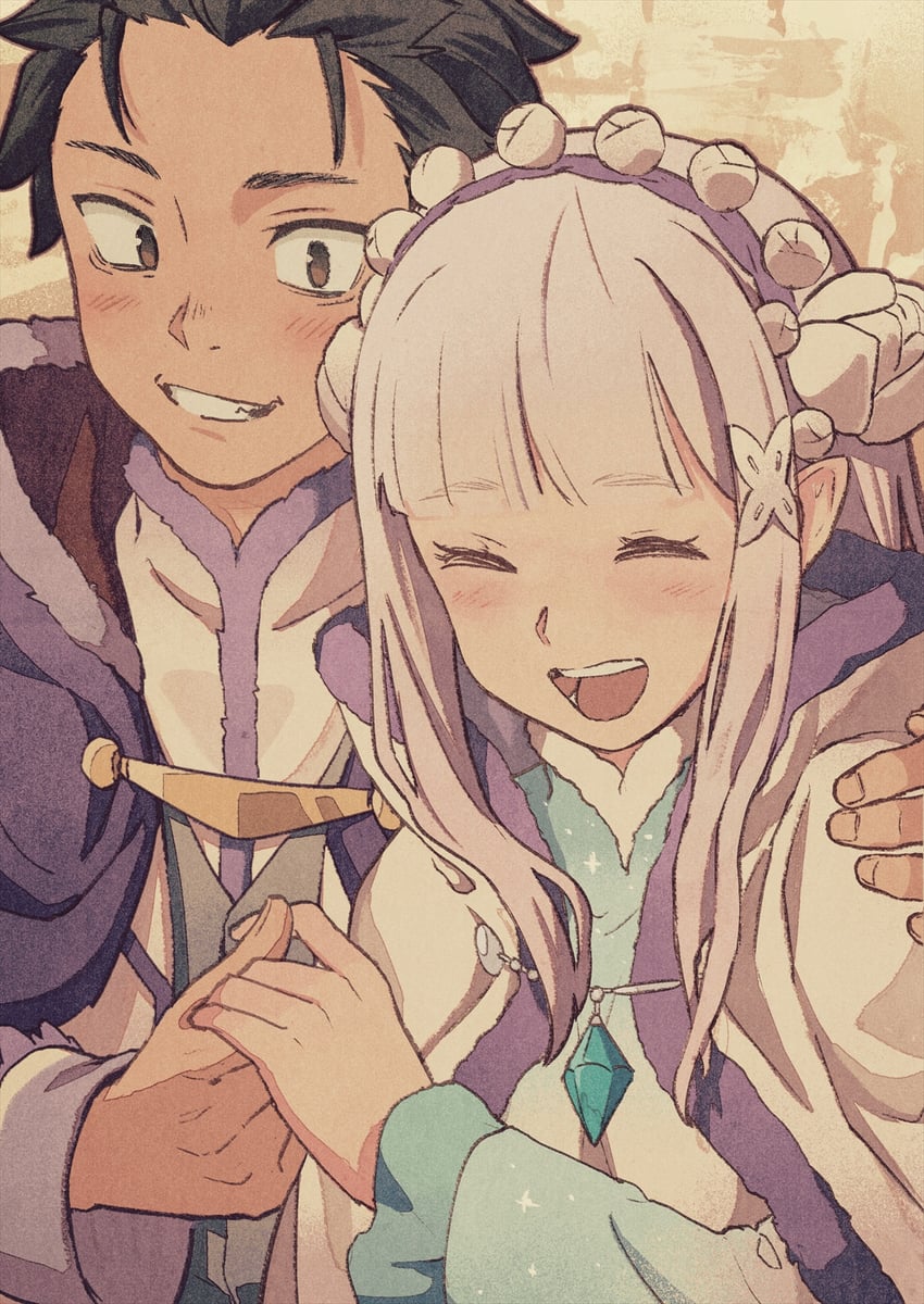 emilia and natsuki subaru (re:zero kara hajimeru isekai seikatsu) drawn by iwamushi