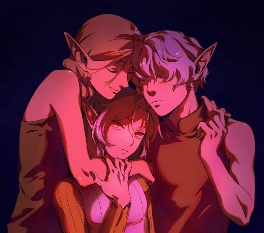 mithrun, mithrun's brother, and braided ponytail elf (dungeon meshi) drawn by tsy