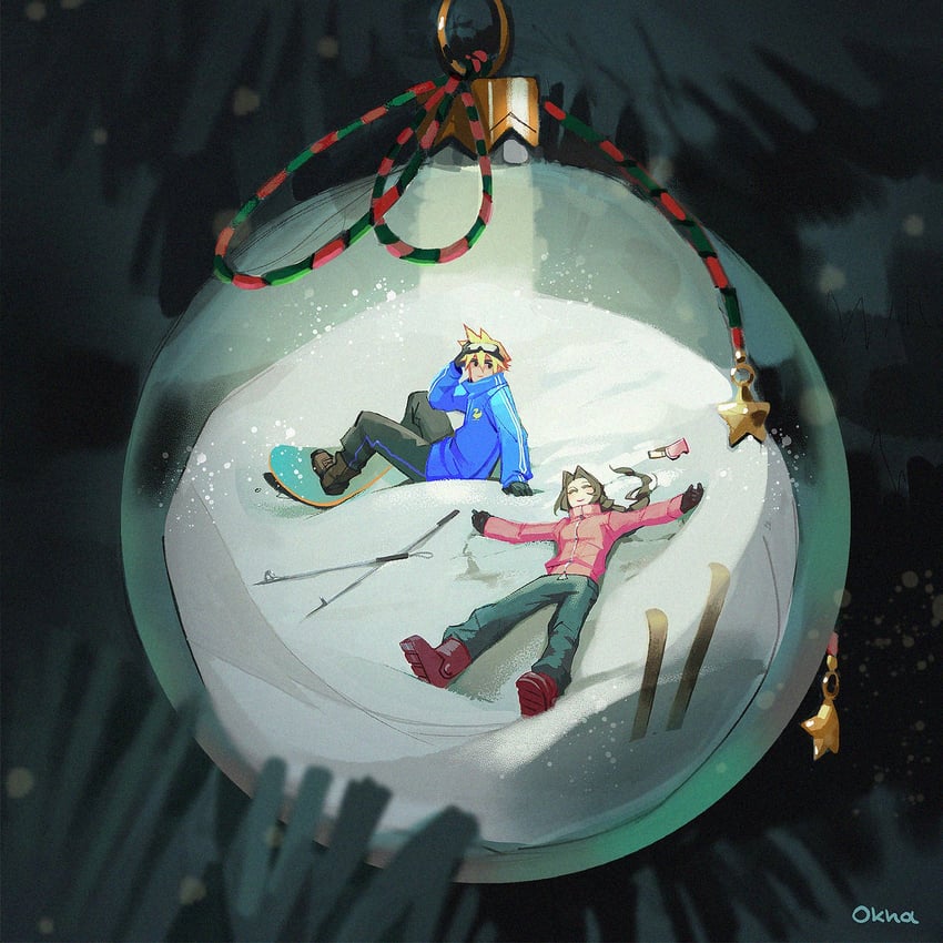 cloud strife and aerith gainsborough (final fantasy and 1 more) drawn by okha