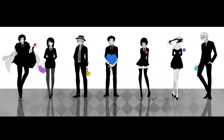 orihara izaya, sonohara anri, heiwajima shizuo, celty sturluson, ryuugamine mikado, and 2 more (durarara!! and 2 more) drawn by kotobuki_(medetai)
