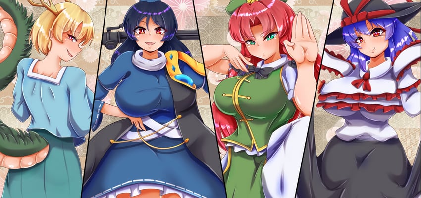 hong meiling, nagae iku, kicchou yachie, and iizunamaru megumu (touhou) drawn by dollyspica
